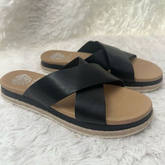 Vince Camuto Rickert Black Leather Cross strap Slide Sandals size 9M /40 - Picture 2 of 9